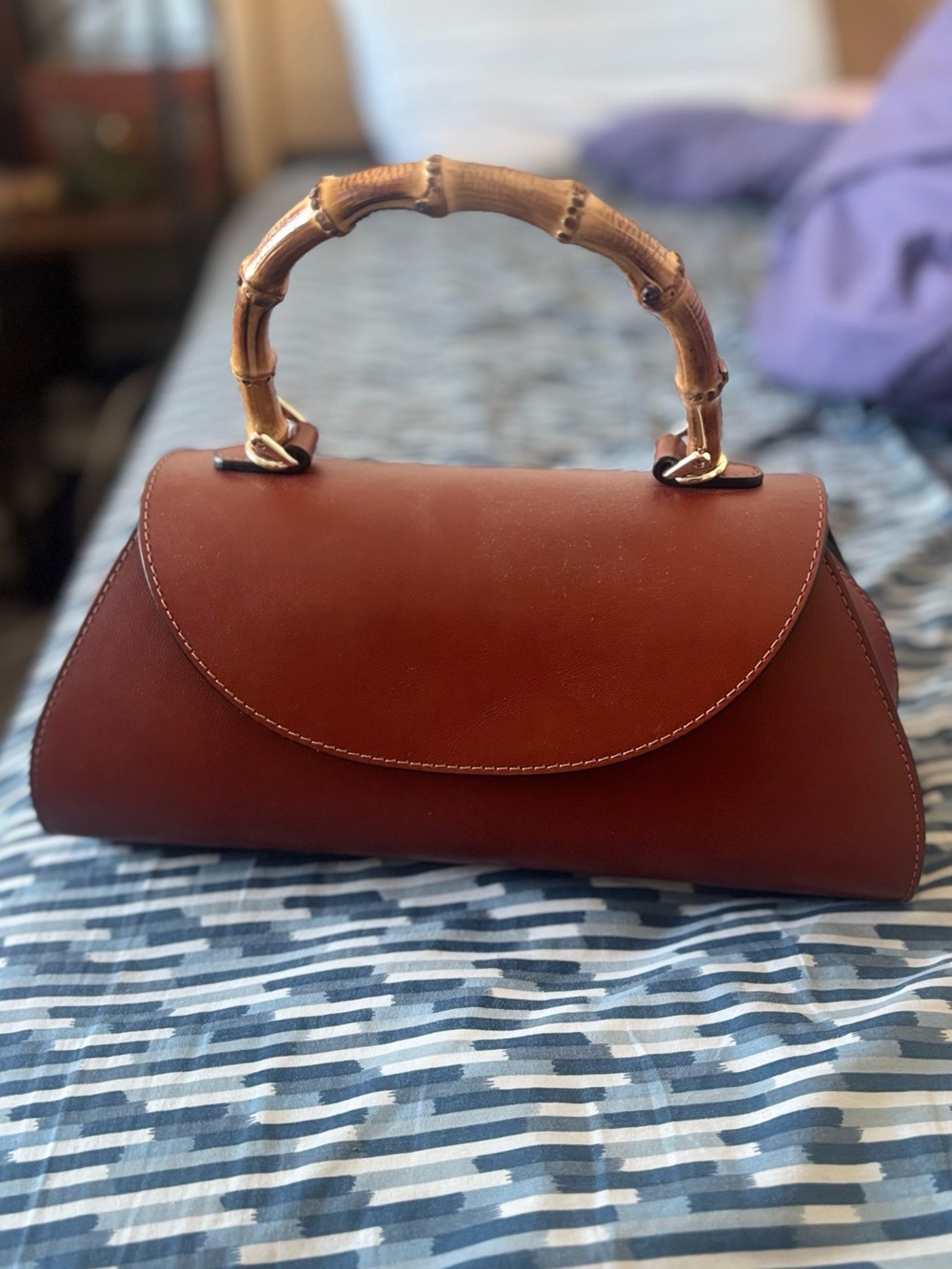 Brown Leather Top-Handle Bag with Bamboo Handle